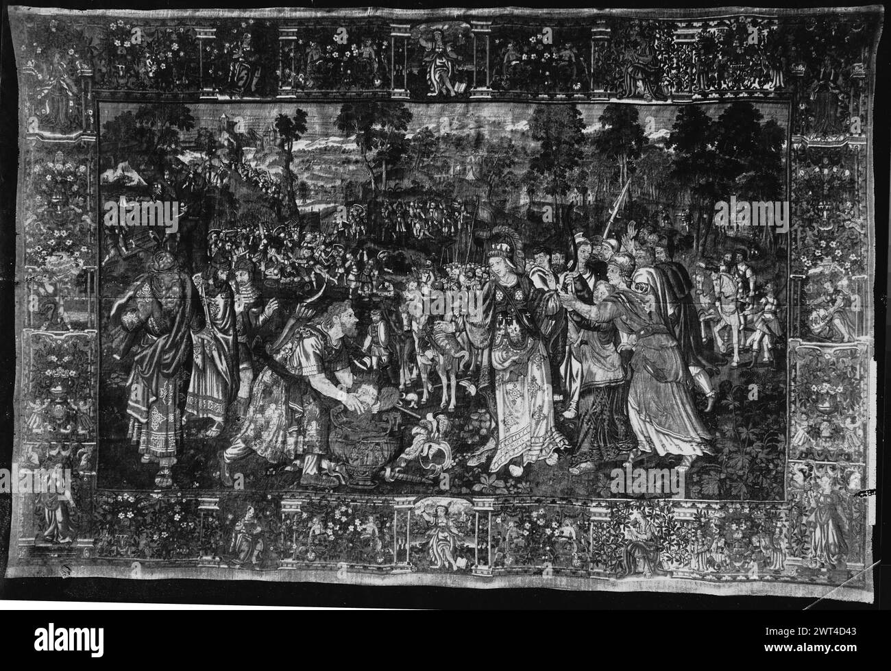 La reine Tomyris a la tête de Cyrus plongée dans l'urne de sang. Inconnu c. 1590 tapisserie dimensions : H 339 x l 529 cm tapisserie matériaux/techniques : laine et soie culture : Centre de tissage flamand : Anvers historique de propriété : inventaire de Carlos III (1788). Inventaire de Fernando VII (1834). Inventaire de 'Las Tapicerías de la Corona' (1880). Espagne, Madrid, Palacio Real de Madrid, accno. A.269-8034. La reine Tomyris porte la couronne, ordonne à la tête de Cyrus déchu d'être plongée dans un vaisseau de sang humain (R, au premier plan) ; l'homme plonge la tête de Cyrus dans un vaisseau de sang (au centre, au premier plan) ; groupe d'hommes regarder (l, au premier plan); Banque D'Images