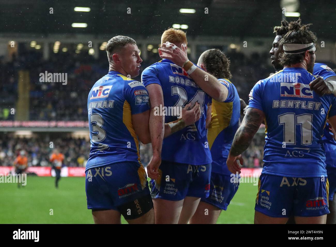 Luis Roberts de Leeds Rhinos célèbre son essai lors du match de la Betfred Super League Round 5 Leeds Rhinos vs St Helens au Headingley Stadium, Leeds, Royaume-Uni, le 15 mars 2024 (photo par Alfie Cosgrove/News images) Banque D'Images