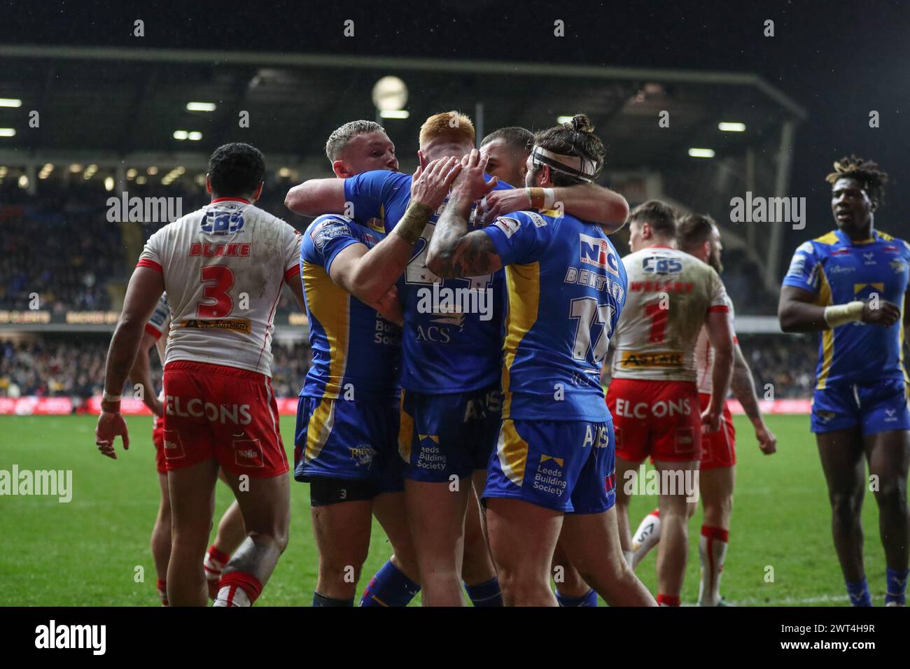 Luis Roberts de Leeds Rhinos célèbre son essai lors du match de la Betfred Super League Round 5 Leeds Rhinos vs St Helens au Headingley Stadium, Leeds, Royaume-Uni, le 15 mars 2024 (photo par Alfie Cosgrove/News images) Banque D'Images