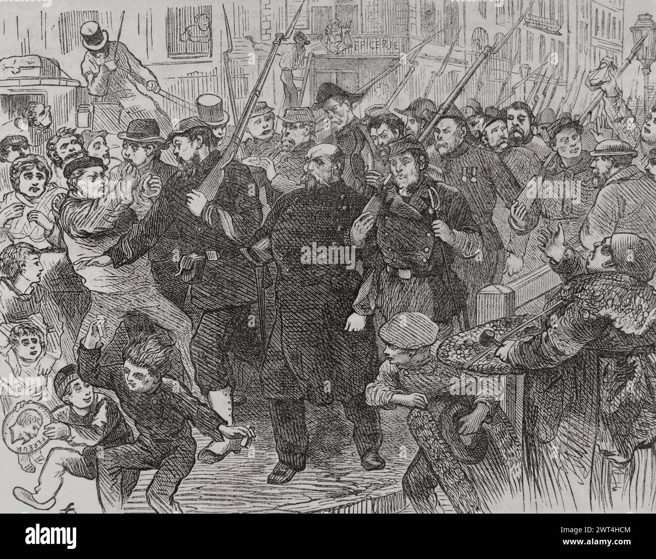 Guerre franco-allemande (1870-1871). France. Arrestation des espions Napoléon III à Paris. Gravure. Historia de la Guerra de Francia y Prusia (histoire de la guerre entre la France et la Prusse). Volume II. Publié à Barcelone, 1871. Banque D'Images