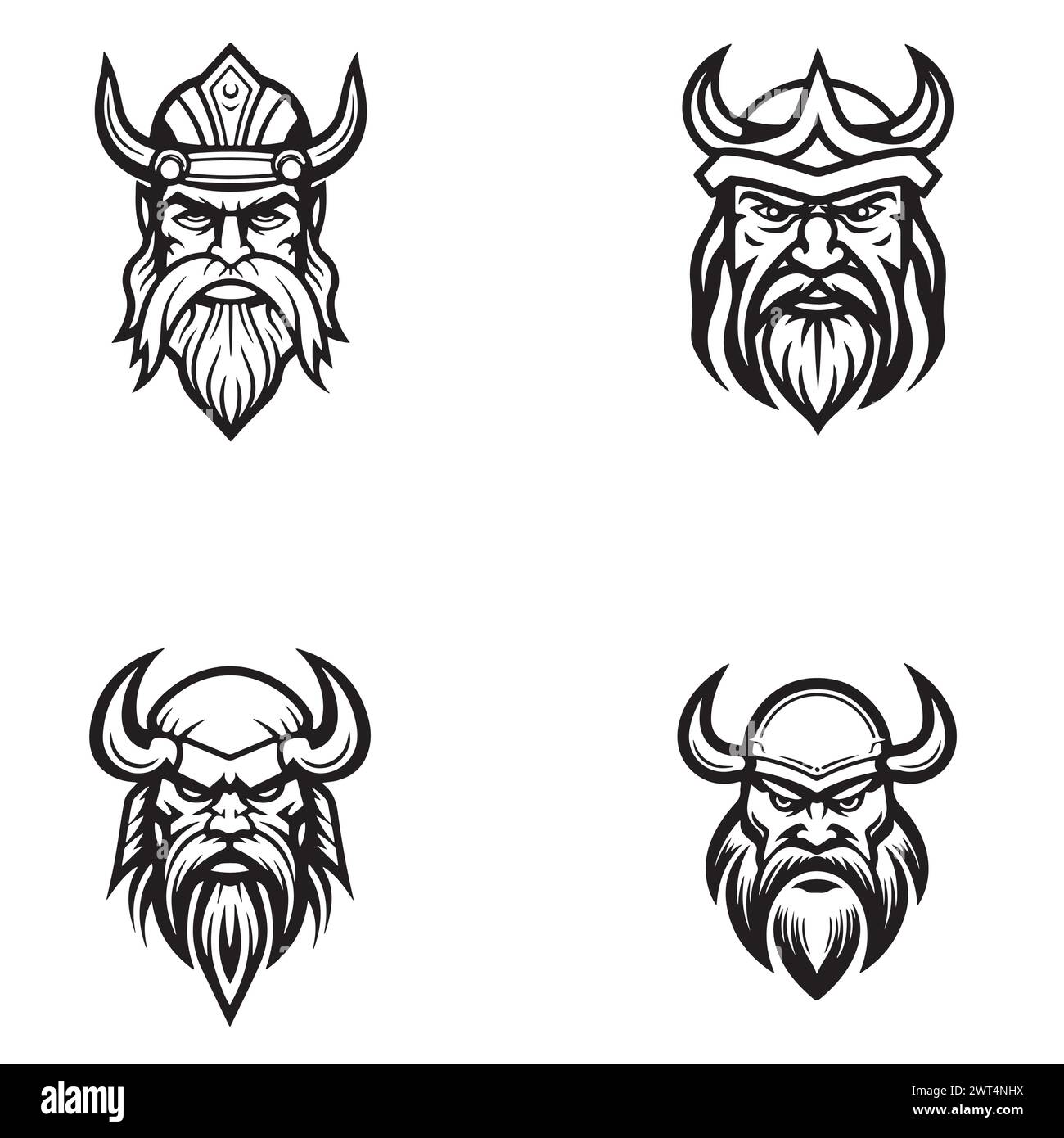 Homme blanc noir avec moustache à barbe portant le dessin de casque Viking pour Ancient Norse Nordic Warrior Knight visage illustration logo Illustration de Vecteur