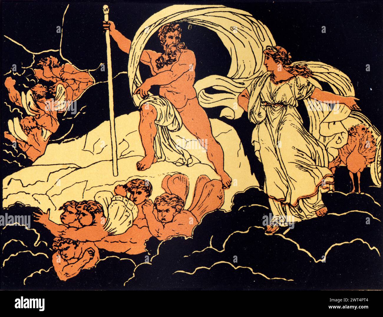 Illustration vintage mythologie romaine, Junon et Aeolus, Aeneid un poème épique latin qui raconte l'histoire légendaire d'Énée, un cheval de Troie qui a fui la chute o Banque D'Images