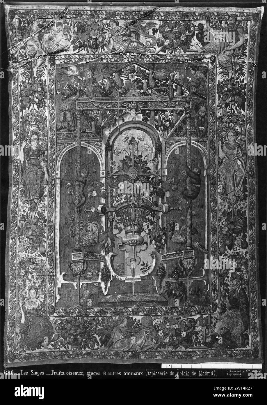 Singes grimpant des colonnes. Vredeman de Vries, Hans (Netherlandish (before 1600) - North Netherlands, 1527-CA.1604) (dessinateur, attr.) [Peintre] c. 1550-1560 tapisserie dimensions : H 350 x l 255 cm tapisserie matériaux/techniques : laine et soie ; fil métallique (or) ; fil métallique (argent) culture : Centre de tissage flamand : Bruxelles historique de propriété : inventaire de Carlos II (1701-1703). Inventaire de Carlos III (1788). Inventaire de Fernando VII (1834). Espagne, Madrid, Palacio Real de Madrid, accno. A. 238-6500. 2 singes grimpent des colonnes de tonnelle centrale parmi des motifs de fleurs, fruits, vases & bir Banque D'Images