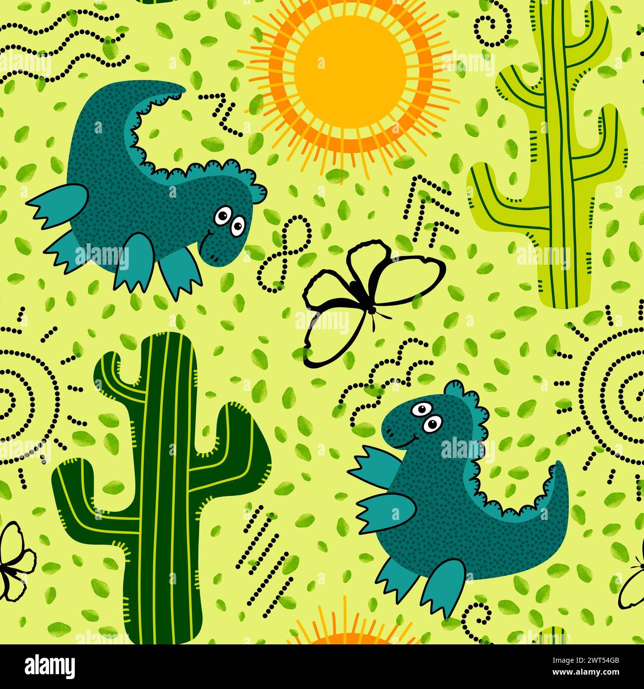 Désert d'été sans couture animaux dinosaures cactus et motif de soleil pour l'emballage du papier et des tissus et des draps et des enfants impression et emballage festif et partie Banque D'Images