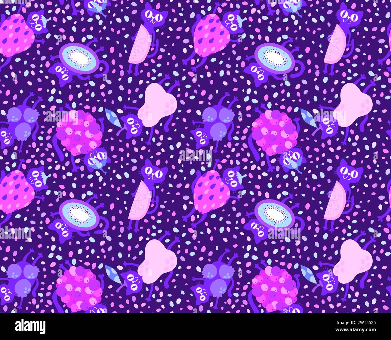 Dessins animés animaux d'été et fruits sans couture chats et fraise et citron et poires et motif kiwi pour l'emballage papier et tissus et enfants imprimés et f Banque D'Images