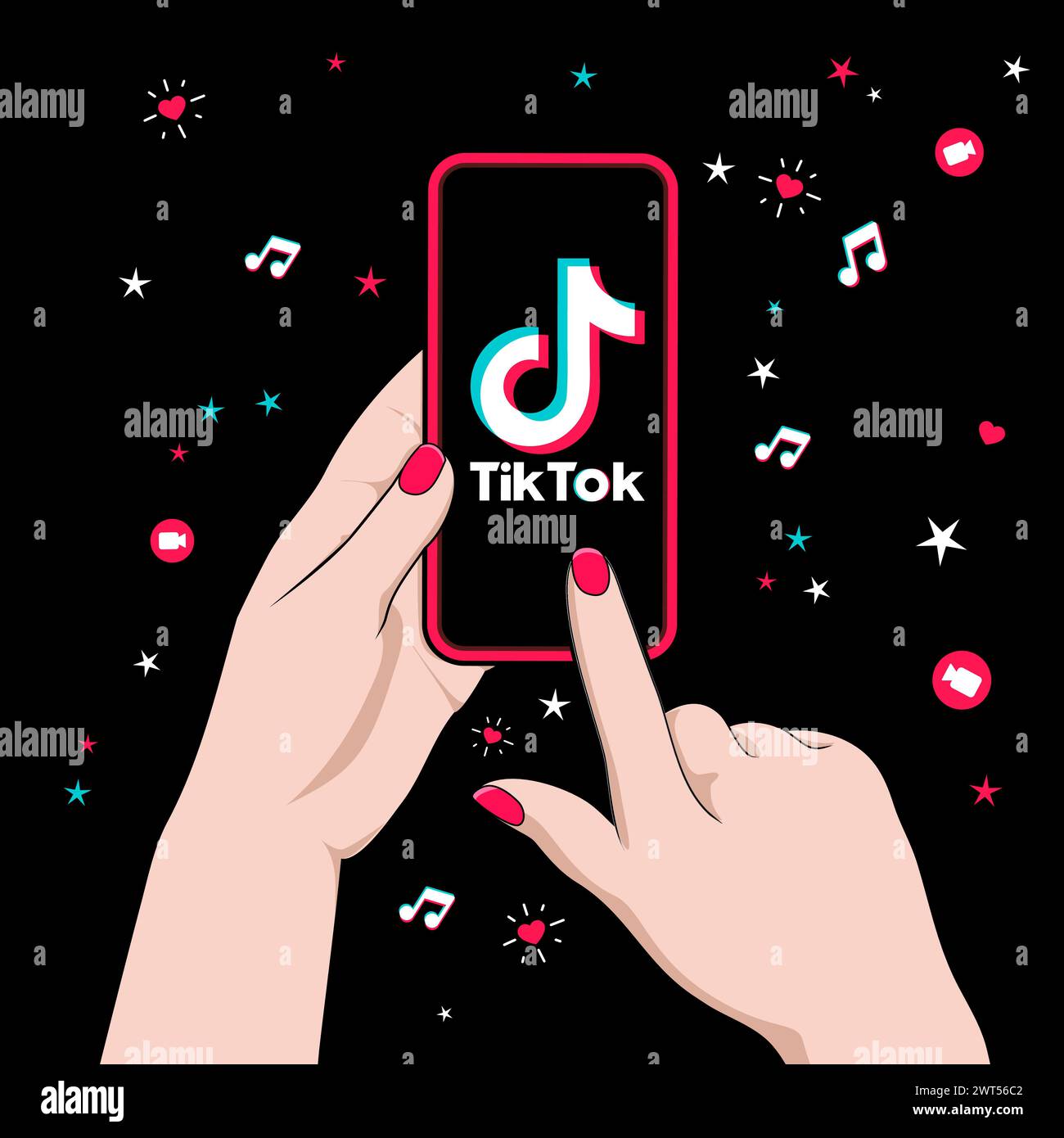 Main de femme tenant le smartphone avec le logo Tiktok à l'écran. Divertissement court réseau social vidéo. Illustration vectorielle avec concept adolescent. Illustration de Vecteur