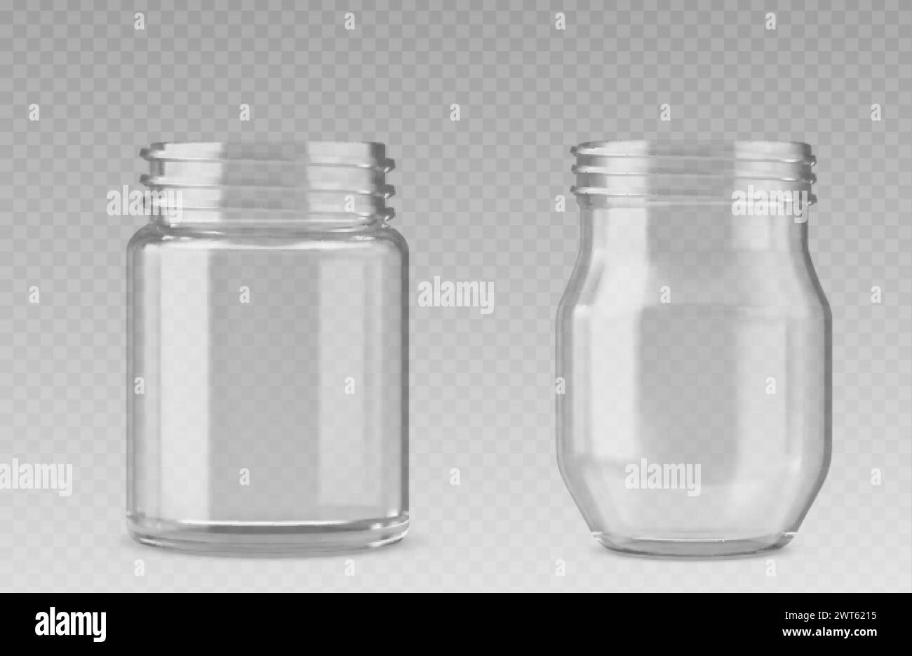 Ensemble 3D de pots en verre isolés sur fond gris. Illustration réaliste vectorielle de récipients transparents vides pour aliments conservés, stockage de cuisine CA Illustration de Vecteur