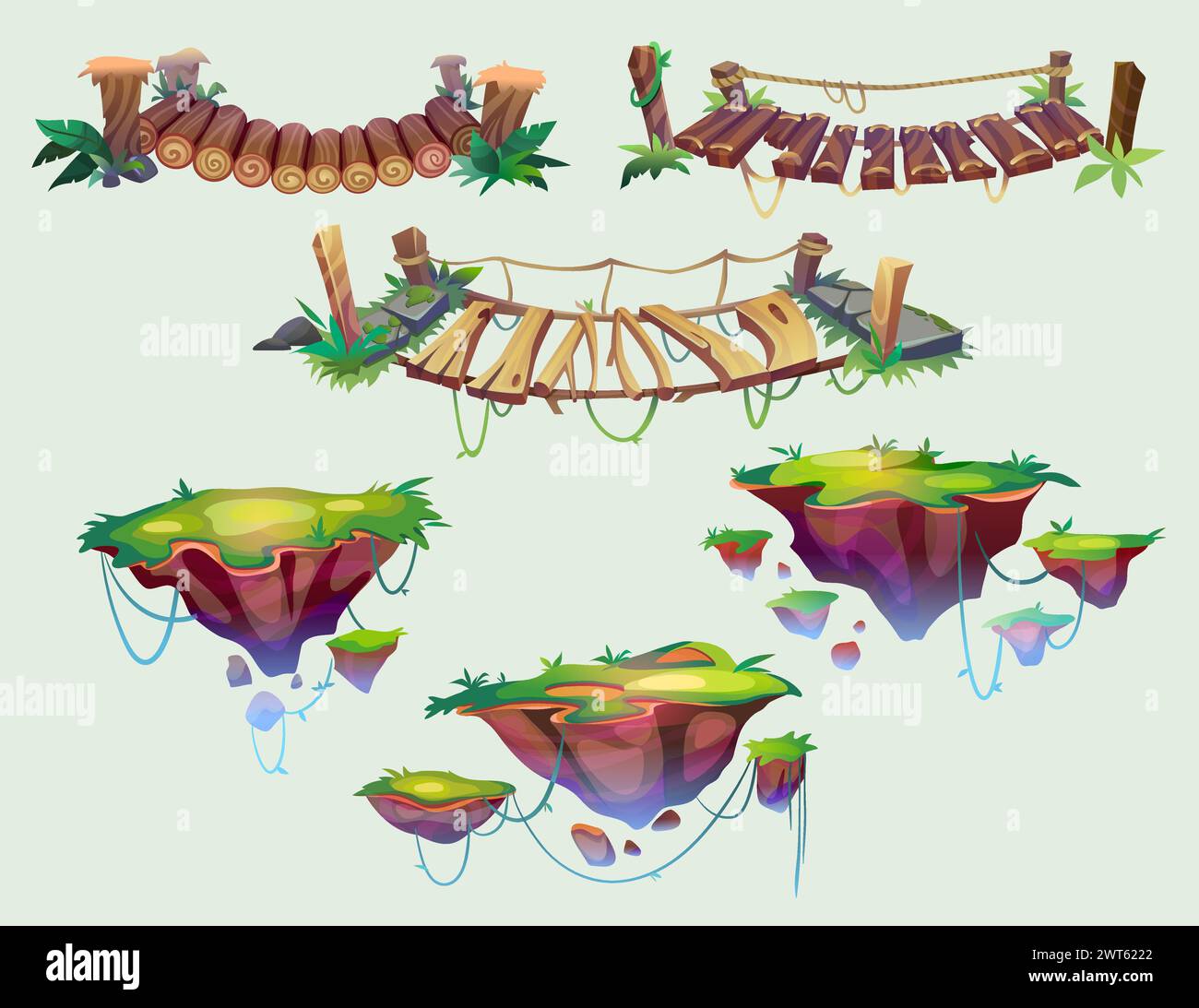 Plates-formes de niveau de jeu et ponts de corde mis isolé sur fond. Illustration vectorielle de dessins animés d'îles vertes flottantes avec de l'herbe et des lianes tropicales Illustration de Vecteur