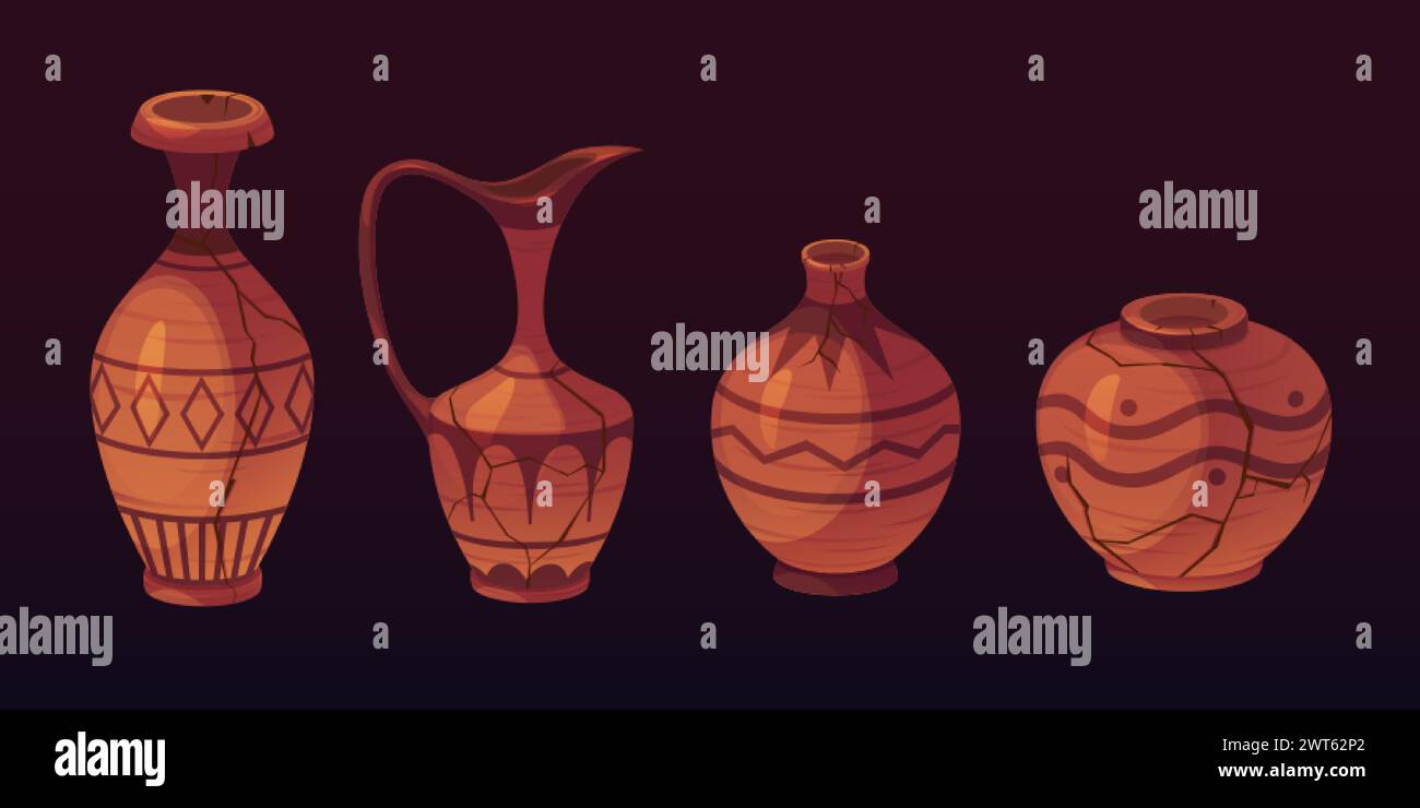 Anciens vases fixés isolés sur fond noir. Illustration de bande dessinée vectorielle de poterie antique, récipients avec des fissures et des motifs d'ornement, argile brune Illustration de Vecteur