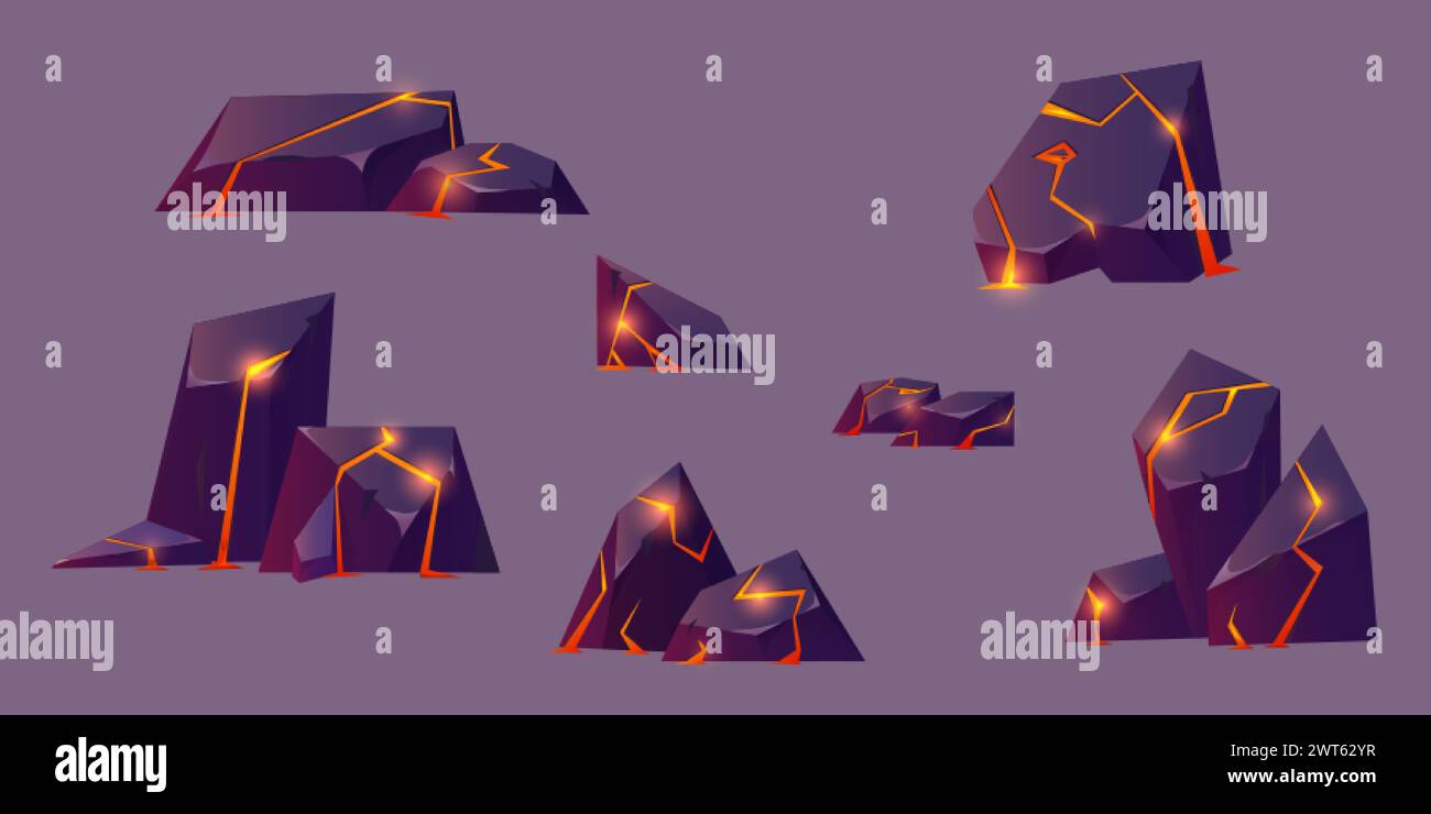 Roches avec des fissures et du liquide coulant orange brillant et lave rouge. Ensemble d'illustration vectorielle de dessin animé de diverses pierres avec fracture et ma fondue Illustration de Vecteur