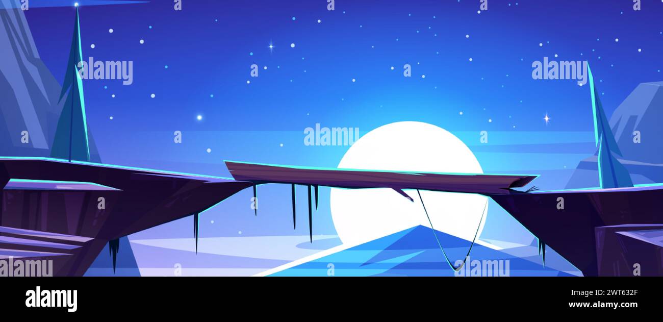 Pont de corde suspendu dans les montagnes d'hiver de nuit. Illustration vectorielle de dessin animé de paysage de canyon rocheux couvert de glace et de neige, sapins sur cracke Illustration de Vecteur