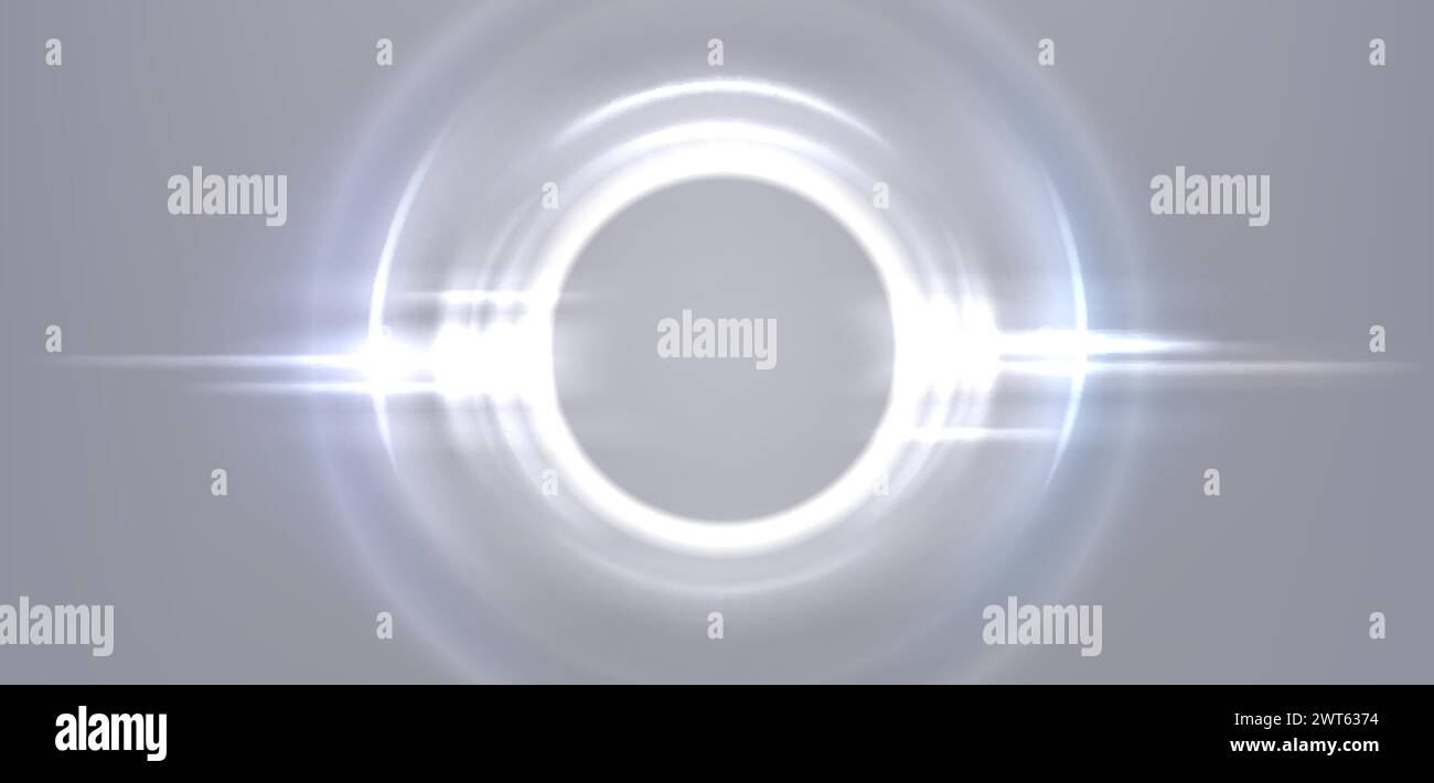 Cercle lumineux néon blanc. Illustration vectorielle réaliste de l'effet d'éclat de lentille de lumière de forme circulaire avec éclat lumineux et strie. Anneau éblouissant brillant Illustration de Vecteur