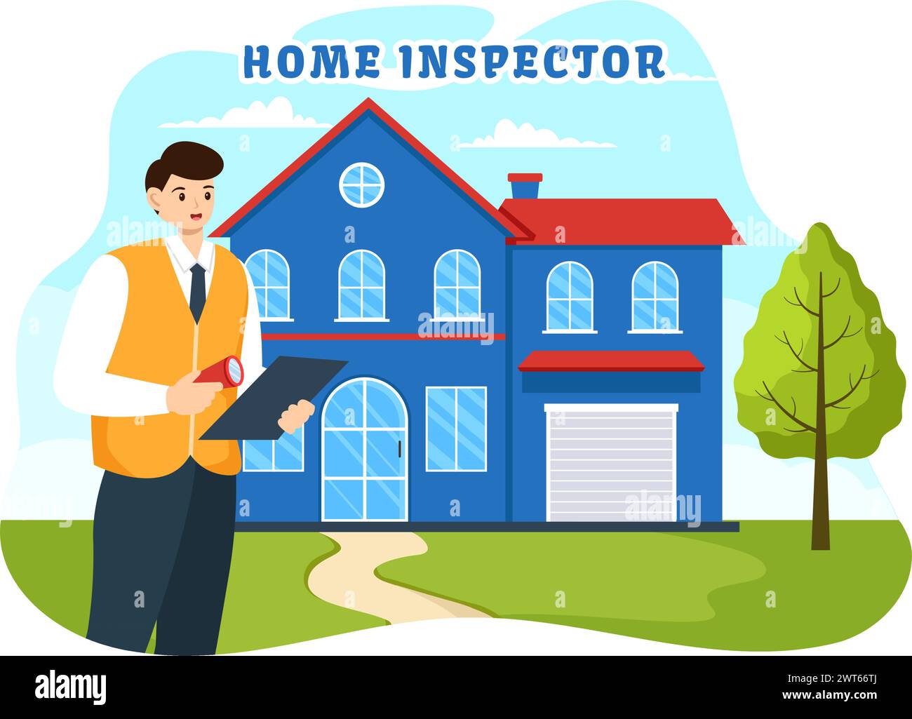 Home Inspector Vector illustration avec vérifie l'état de la maison et écrit un rapport pour la recherche de loyer d'entretien en fond plat Illustration de Vecteur