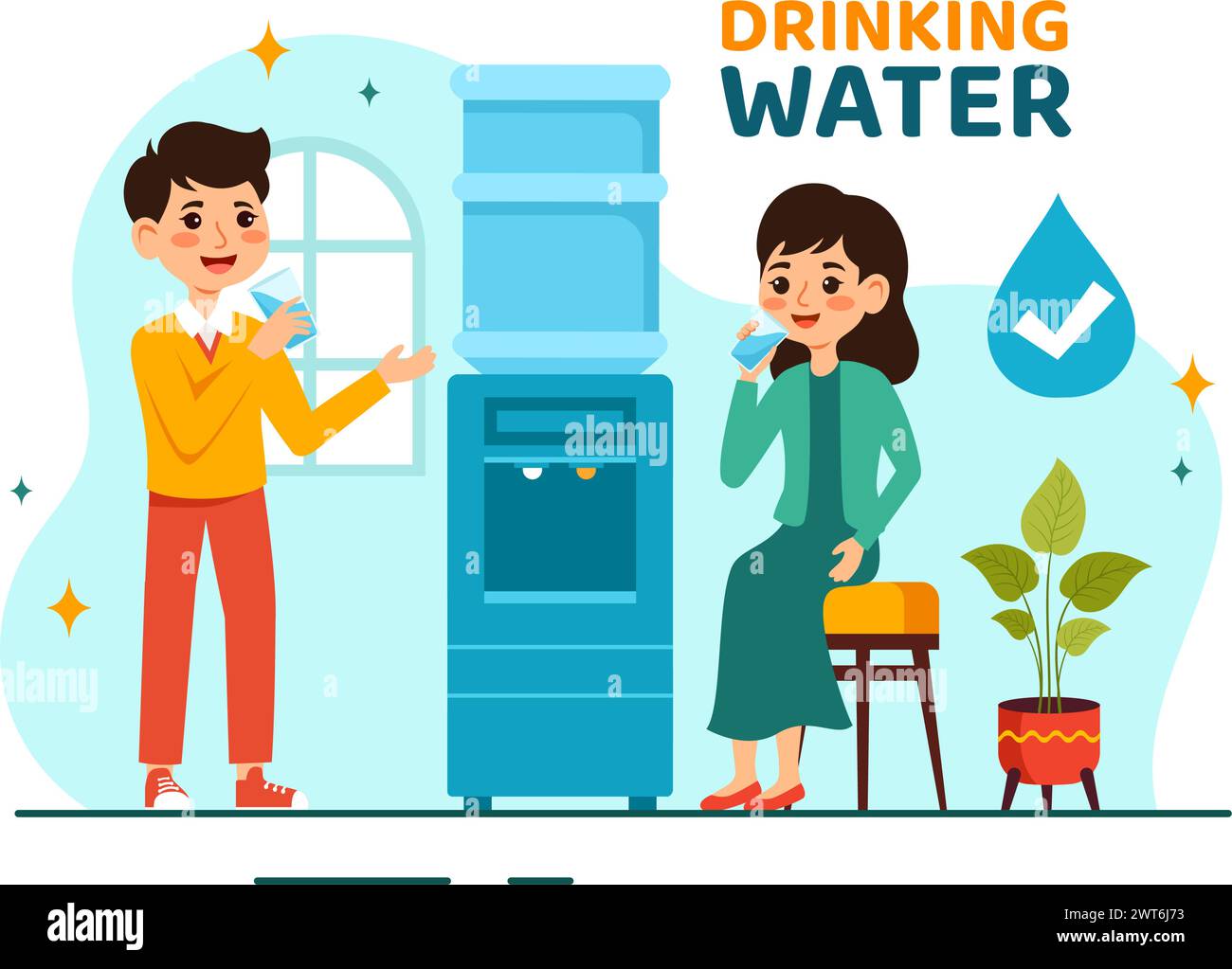 Les gens buvant de l'eau à partir de bouteilles en plastique et de verres avec Pure Clean Fresh concept dans Flat Kids Cartoon Vector illustration Illustration de Vecteur