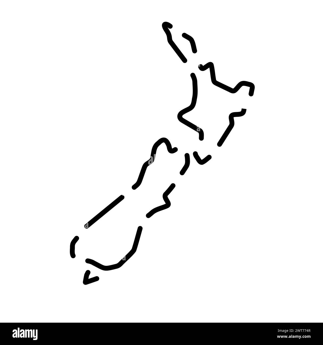 Carte simplifiée du pays de Nouvelle-Zélande. Contour noir brisé sur fond blanc. Icône vectorielle simple Illustration de Vecteur