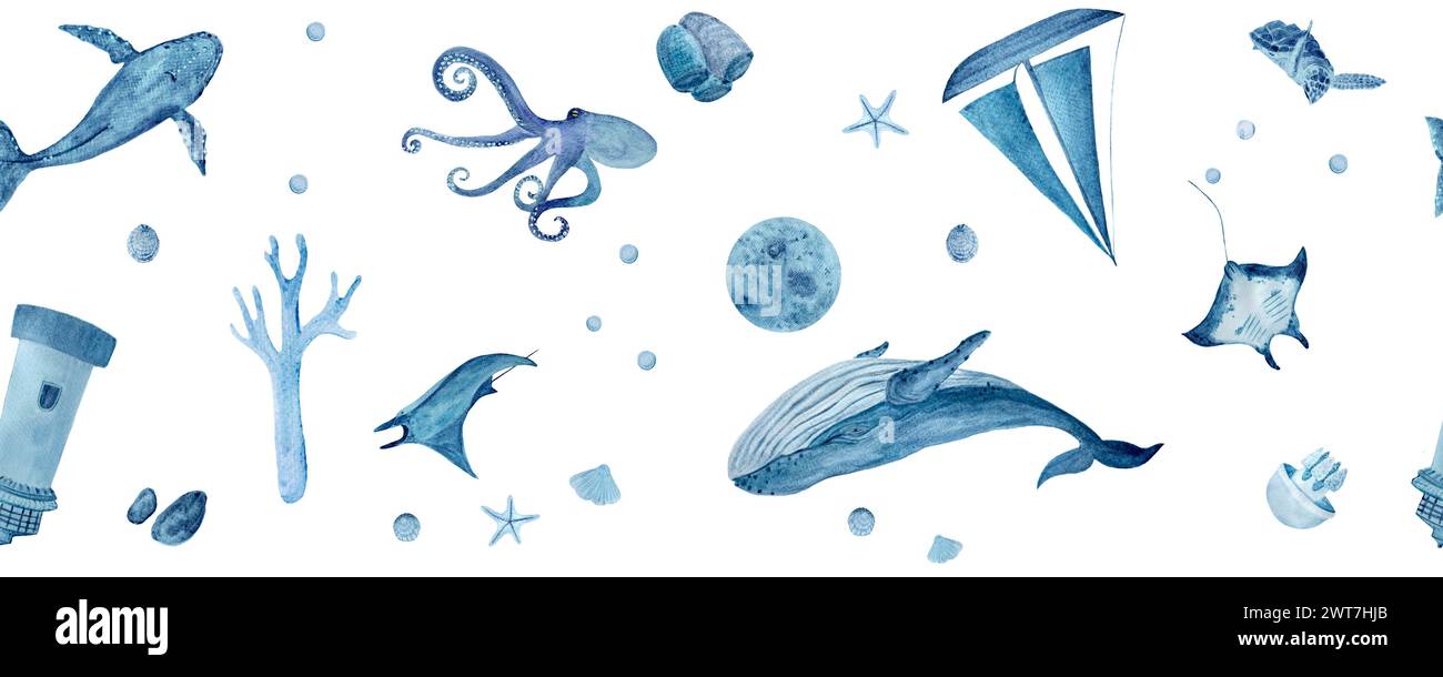 Aquarelle multidirectionnelle dessinée à la main bordure monochromatique bleue isolée sur blanc. Baleines, raies manta, coquillages, étoiles de mer, méduses et poulpe Banque D'Images
