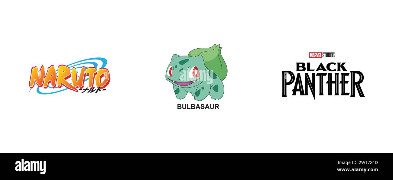 Panthère noire, Pokémon - Bulbasaur, Naruto. Collection de logos vectoriels éditoriaux. Illustration de Vecteur