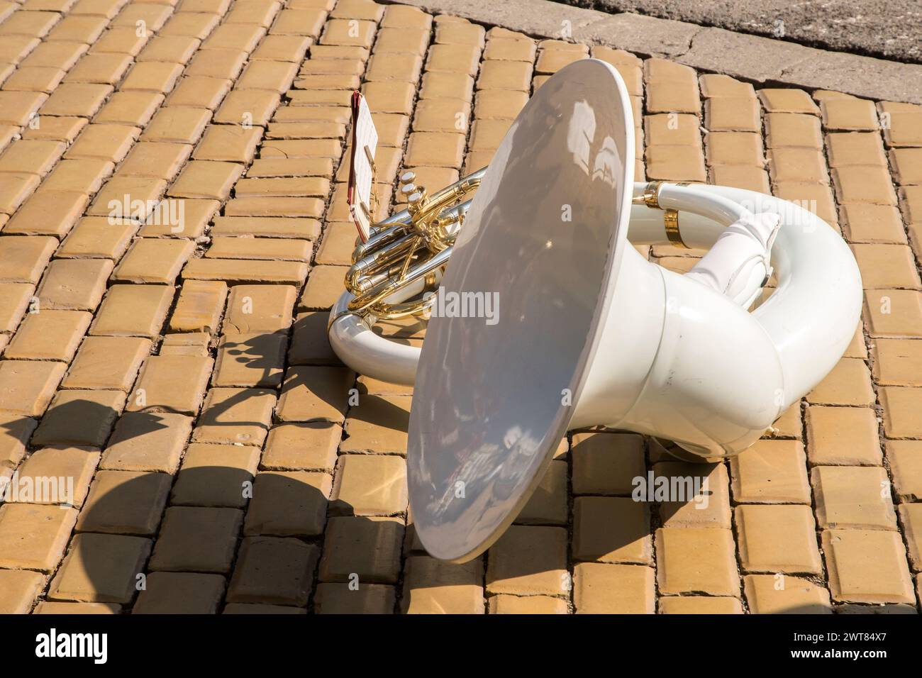 Sousaphone en fibre de verre blanche sur les pavés en céramique de rue de ville en gros plan Banque D'Images