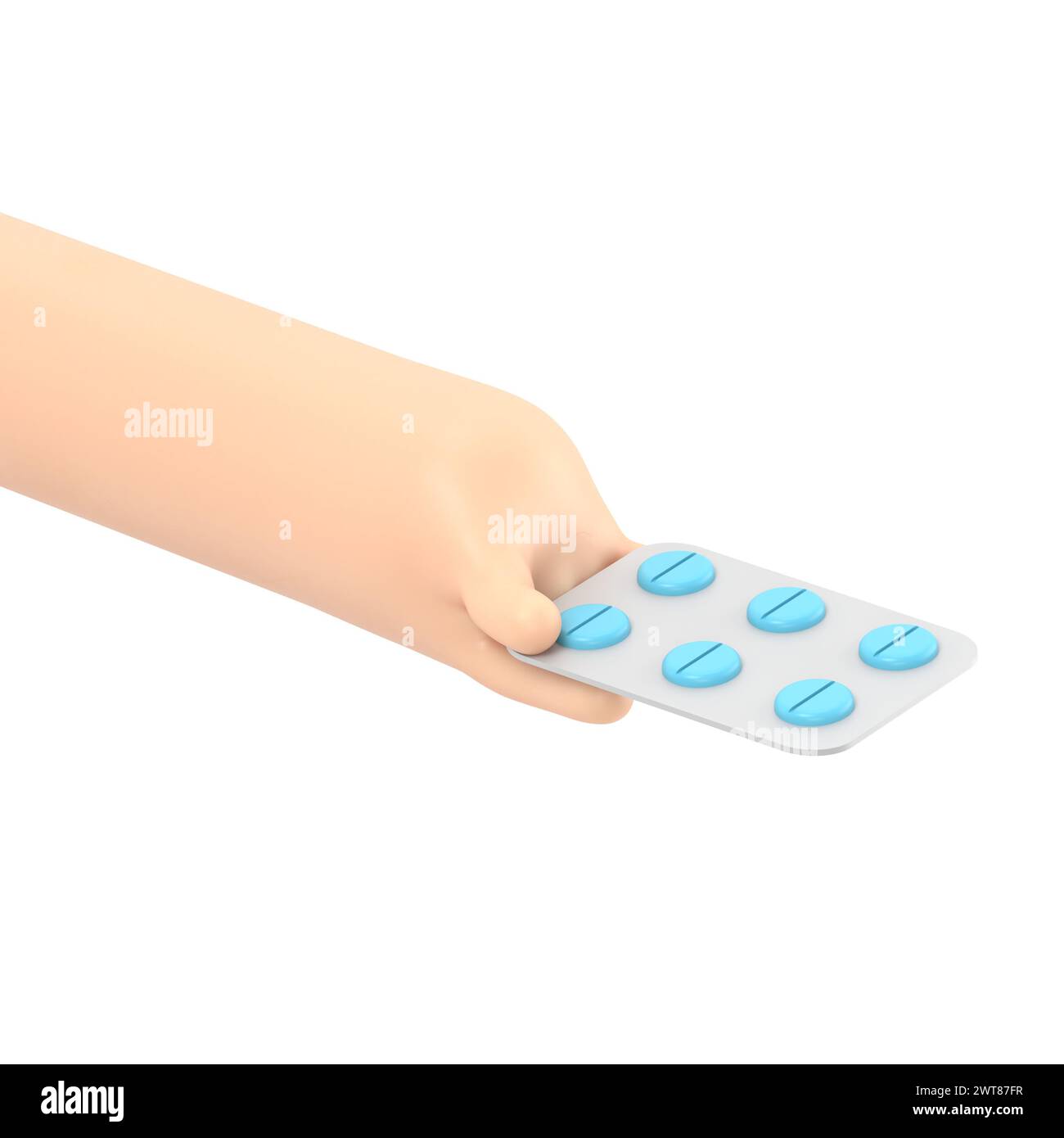 rendu 3d. Icône Pack de pilules. Docteur ou pharmacien main de dessin animé avec la peau noire tenant des médicaments. Illustration médicale de soins de santé.rendu 3D sur blanc Banque D'Images