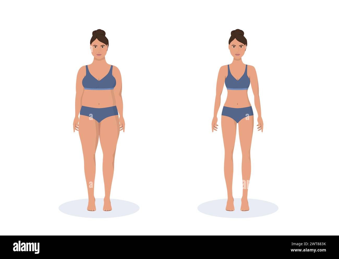 Concept de perte de poids de femme grasse et mince. Alimentation et fitness. Avant et après la forme du corps fille mesurant sa taille mince. Illustration de Vecteur