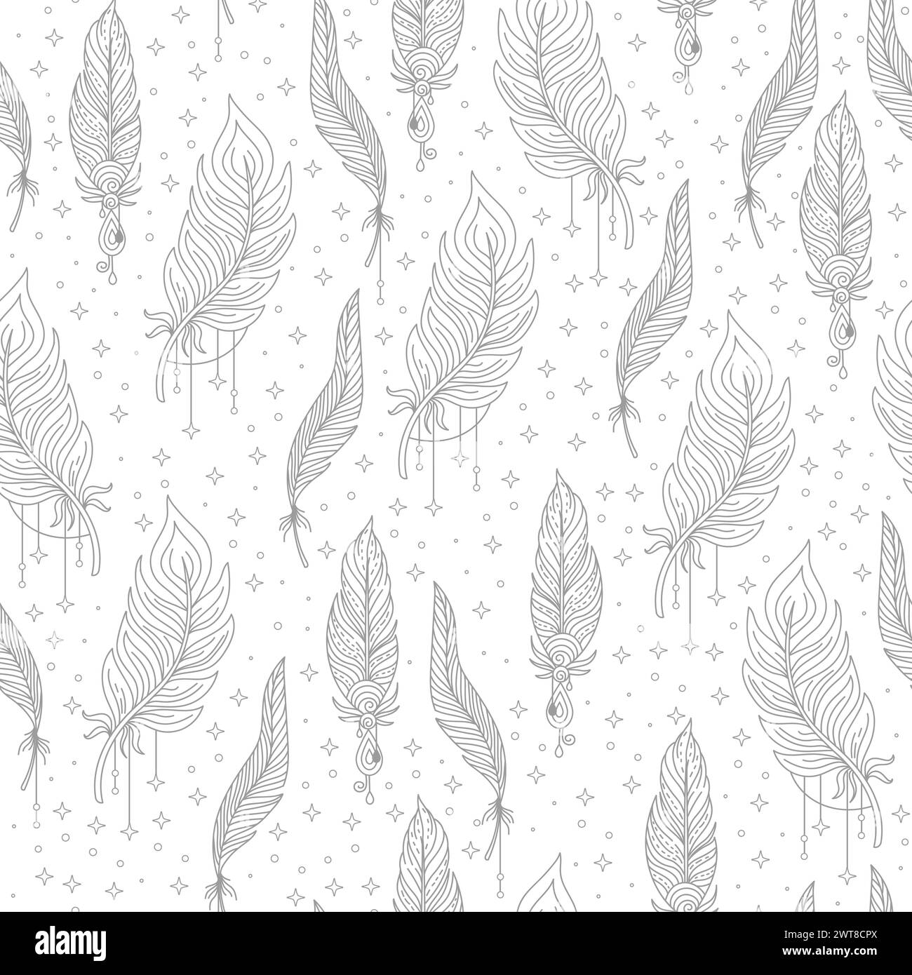 Vecteur de modèle sans couture de plumes linéaires magiques et d'étoiles Illustration de Vecteur