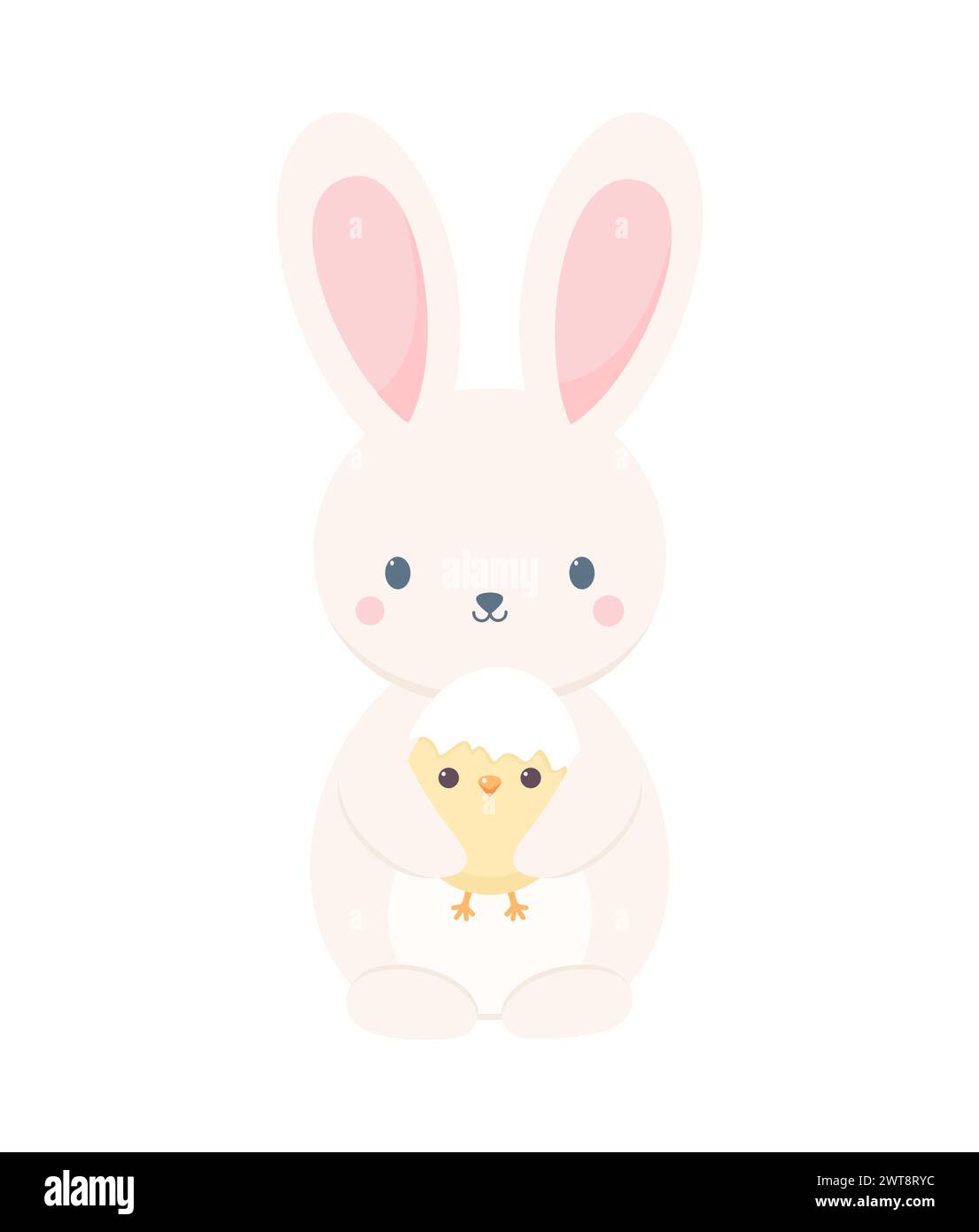 Un lapin mignon tenant un poussin avec une coquille d'œuf sur sa tête, isolé sur un fond blanc. Illustration vectorielle plate Illustration de Vecteur