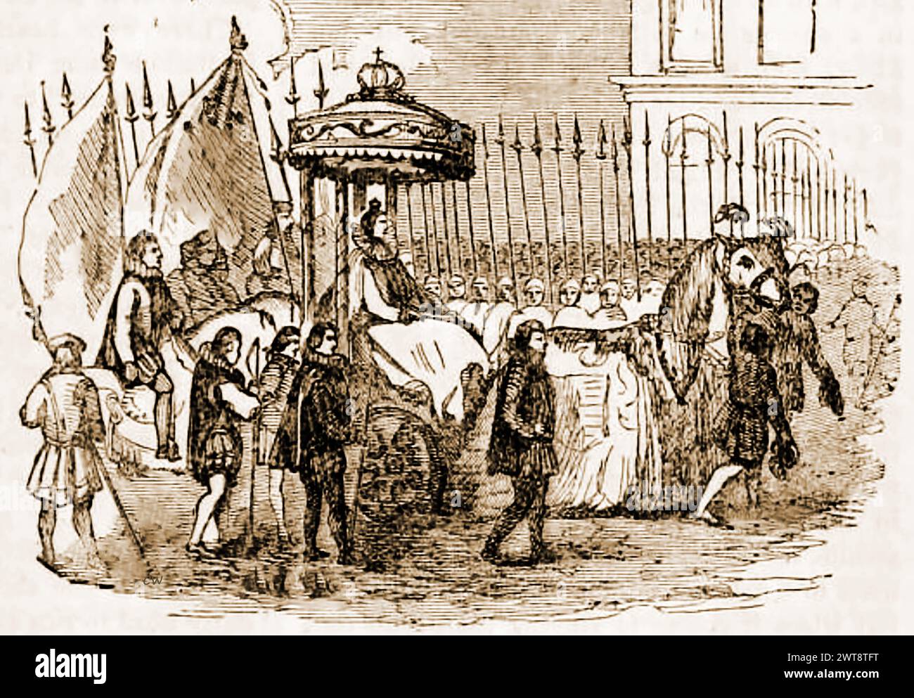 Une vieille gravure montrant la reine Elizabeth I participant à un défilé de victoire de la défaite de l'Armada en 1588. Banque D'Images