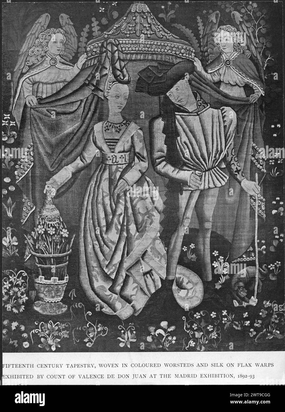 Allégorie de l'amour. Inconnu c. 1420-1430 tapisserie matériaux / techniques : lin (chaîne) ; laine et soie culture : Sud des pays-Bas histoire de propriété : Espagne, Madrid, Palacio Real de Madrid. Sur le sol floral, un couple noble se tient sous les dais, la femme arrose le pot de fleurs tandis que l'homme tient un long bâton par lequel le petit chien mâche l'os ; 2 anges tiennent des rideaux ouverts de dais éventuellement tissés à Arras (Campbell). Tapisserie exposée par le comte Valence de Don Juan à l'exposition de Madrid, 1892-1893 (Dimitrova). Banque D'Images