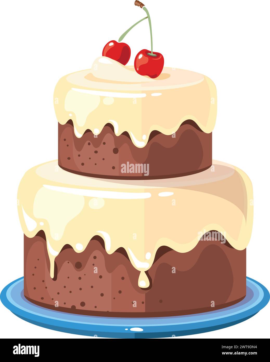Gâteau de mariage avec cerise. Pâtisserie au chocolat de dessin animé Illustration de Vecteur