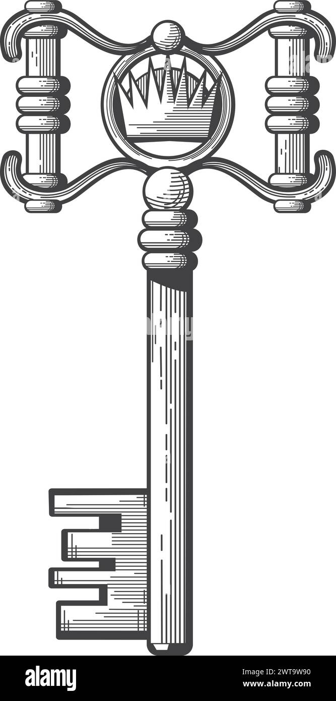 Clé décorée vintage avec symbole de couronne. Gravure décorative Illustration de Vecteur
