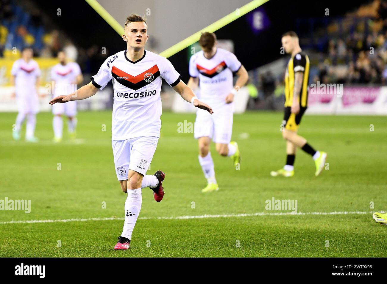 Arnhem, Nederland. 16 mars 2024. ARNHEM, 16-03-2024, GelreDome, football, Néerlandais Eredivisie, saison 2023/2024, vitesse - Almere City, joueur d'Almere City FC Kornelius Normann Hansen après avoir marqué 0-1 points (photo par Pro Shots/Sipa USA) crédit : Sipa US/Alamy Live News Banque D'Images