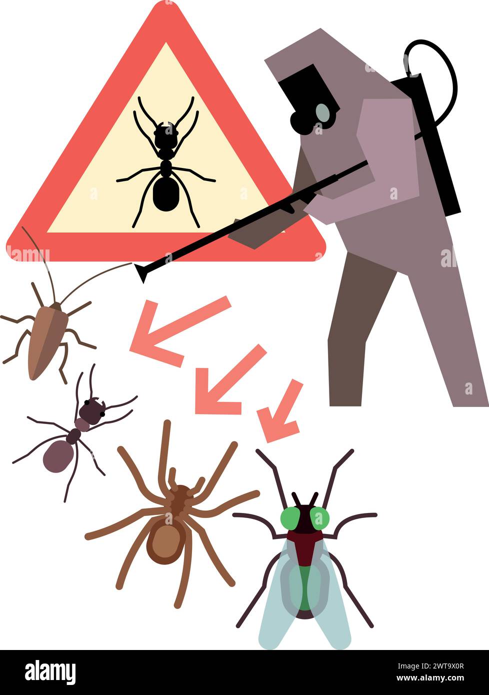 Travailleur de lutte antiparasitaire en combinaison de protection chimique détruisant les insectes Illustration de Vecteur
