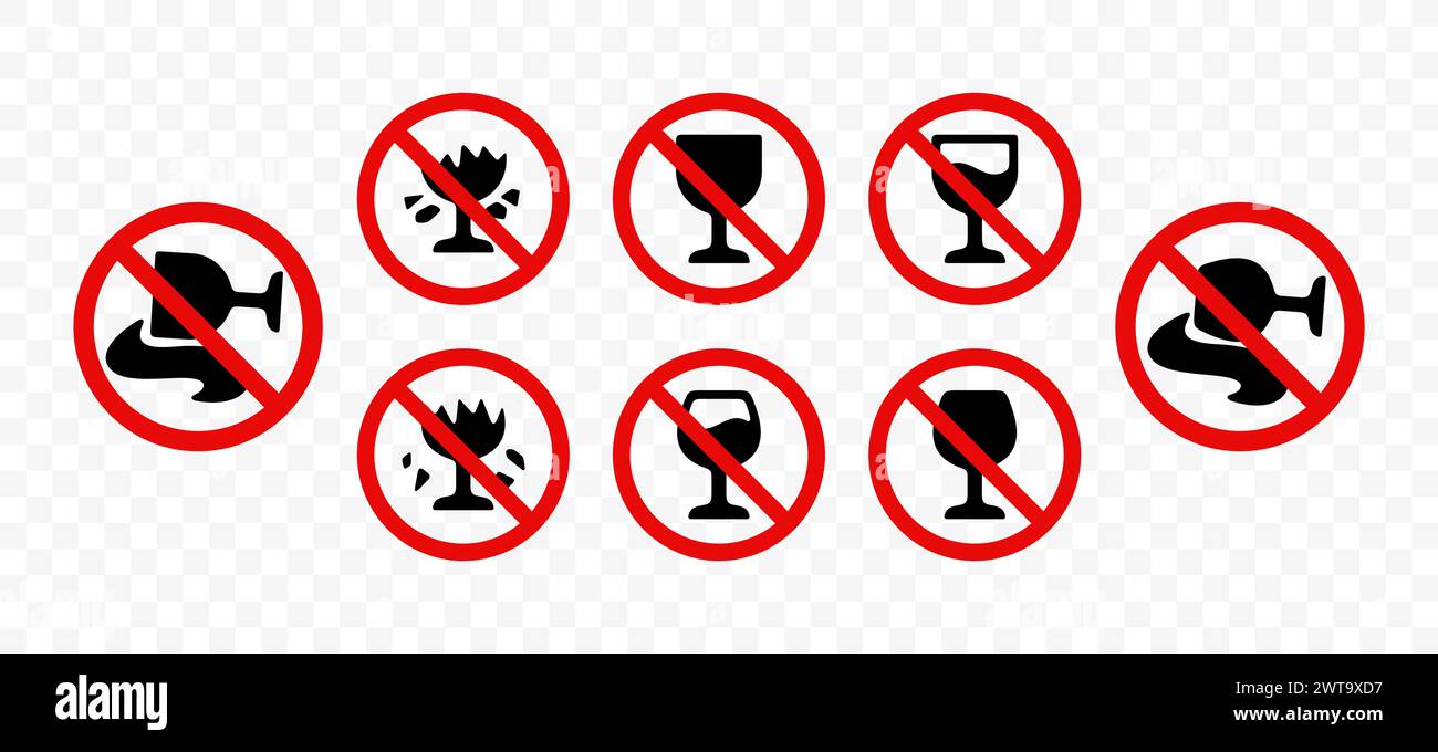 Signes d'interdiction, vous ne pouvez pas boire d'alcool, design graphique. Ne brisez pas le verre de vin, il est interdit d'alcool et ne peut pas renverser d'alcool, conception vectorielle Illustration de Vecteur