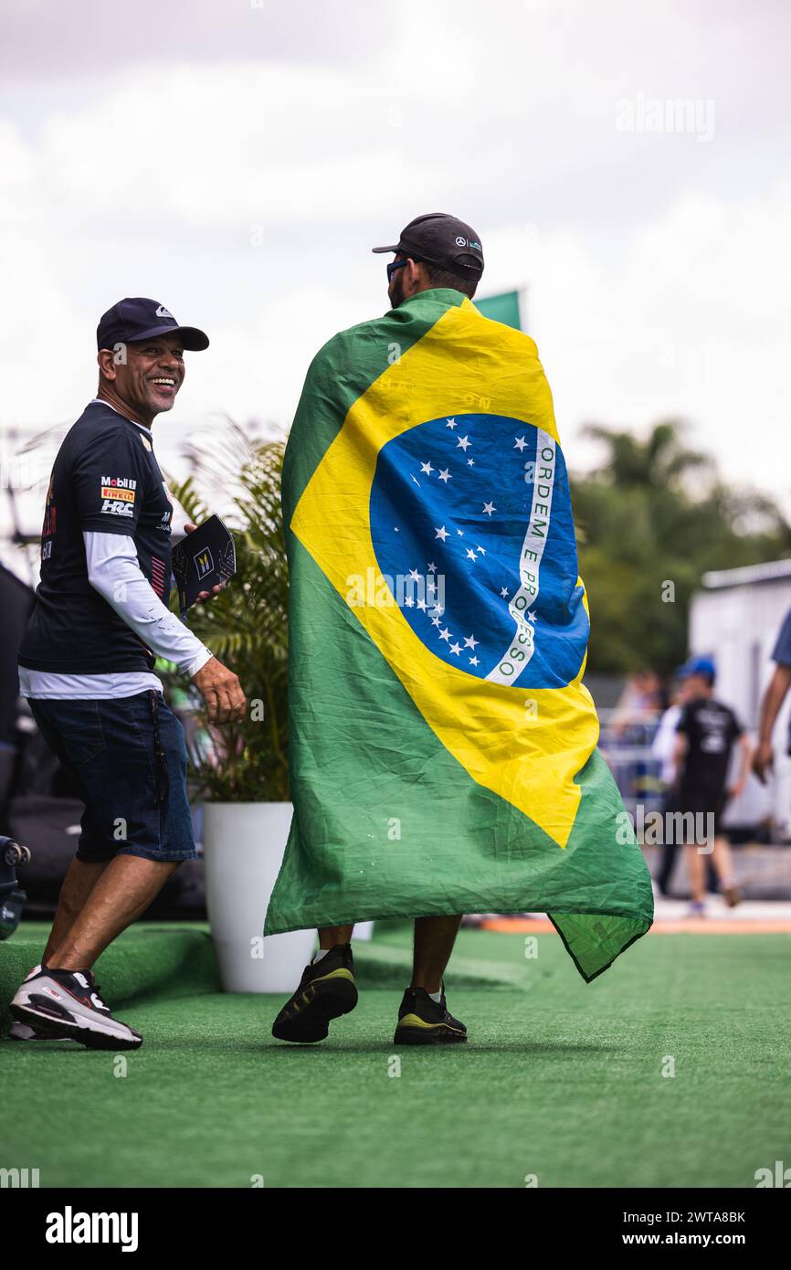 Ambiance du drapeau brésilien lors de l'ePrix Sao Paulo 2024, 3ème réunion du Championnat du monde ABB FIA Formula E 2023-24, sur le circuit de rue de Sao Paulo du 24 au 26 mars 2024 à Sao Paulo, Brésil Banque D'Images