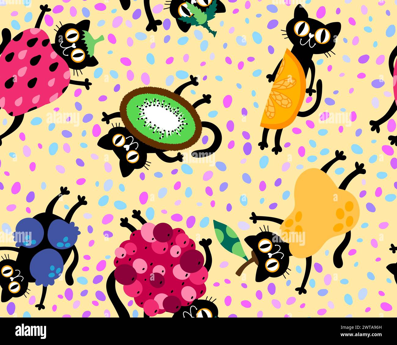 Dessins animés animaux d'été et fruits sans couture chats et fraise et citron et poires et motif kiwi pour l'emballage papier et tissus et enfants imprimés et f Banque D'Images