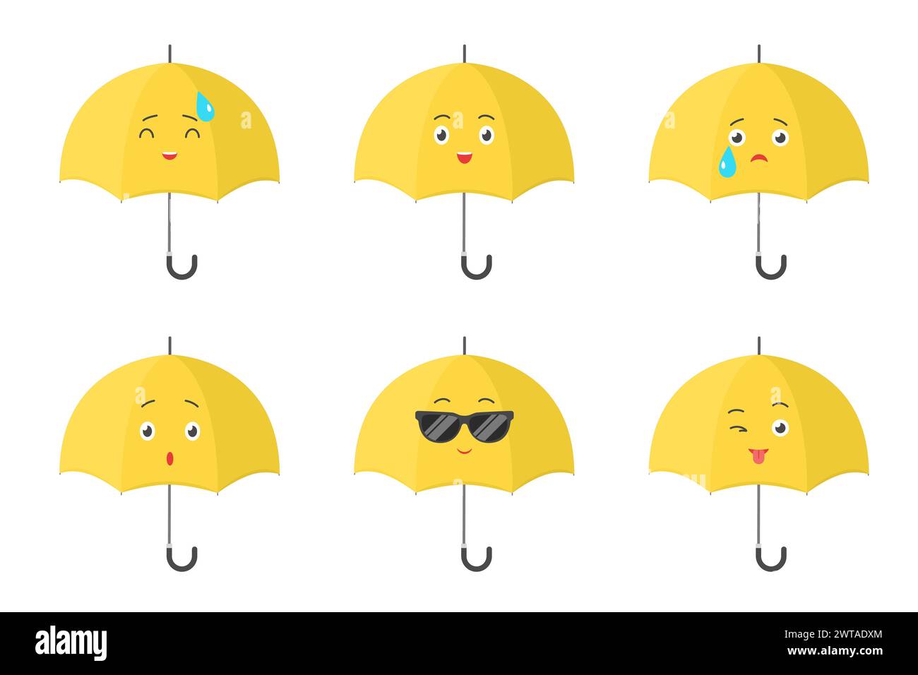 Ensemble de parapluies jaunes mignons. Mascottes de parasol drôles avec différentes expressions d'humeur, parapluies avec un visage fou ou surprise, les personnages sourient ou pleurent avec des larmes, illustration vectorielle de collection de dessins animés Illustration de Vecteur