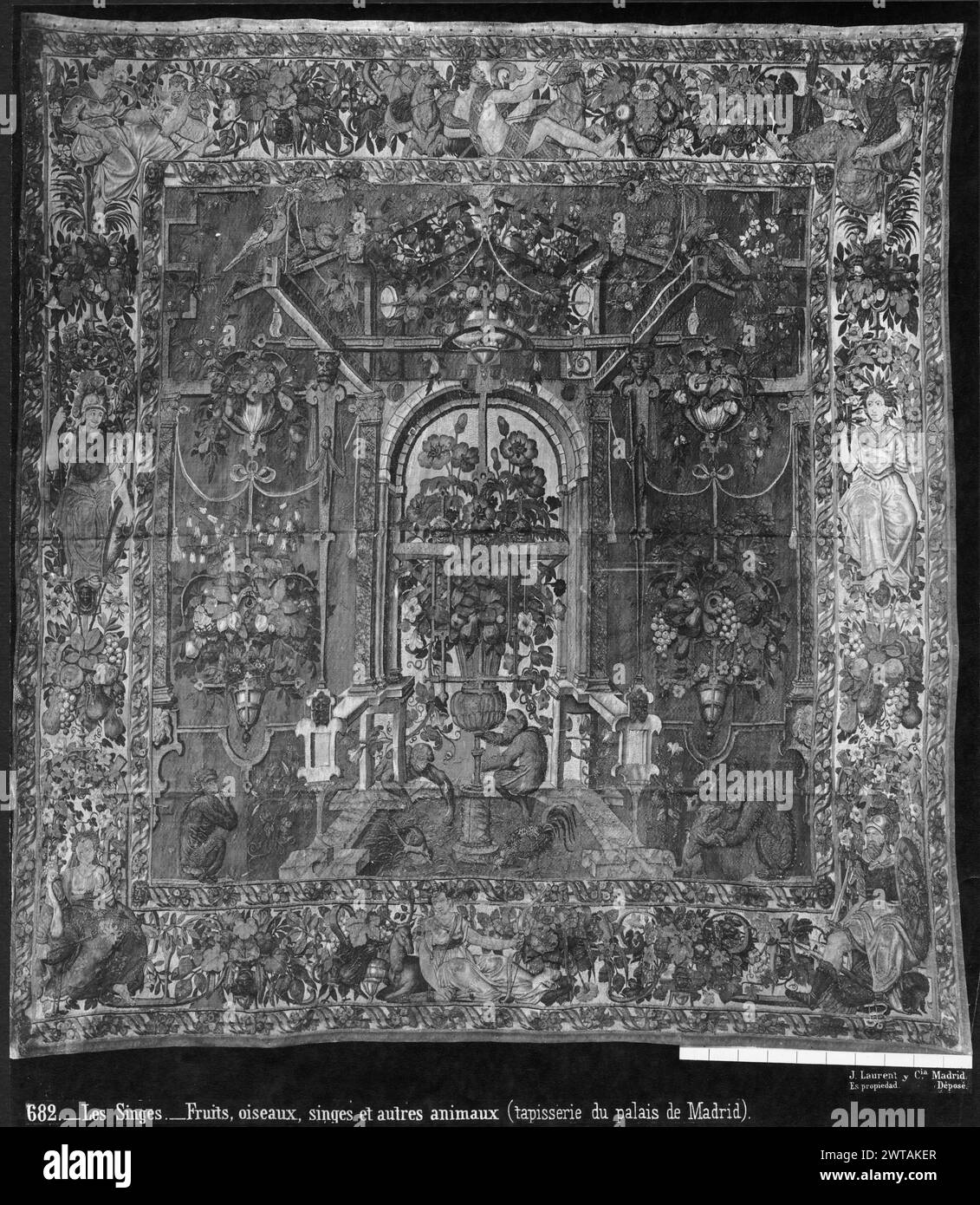 Singes jouant avec les oiseaux et les chiens. Vredeman de Vries, Hans (Netherlandish (before 1600) - North Netherlands, 1527-CA.1604) (dessinateur, attr.) [Peintre] c. 1550-1560 tapisserie dimensions : H 350 x l 330 cm tapisserie matériaux/techniques : laine et soie ; fil métallique (or) ; fil métallique (argent) culture : Centre de tissage flamand : Bruxelles historique de propriété : inventaire de Carlos II (1701-1703). Inventaire de Carlos III (1788). Inventaire de Fernando VII (1834). Espagne, Madrid, Palacio Real de Madrid, accno. A. 258-7491. 2 singes jouent dans la fontaine de tonnelle centrale avec des oiseaux, tandis que 2 autres pla Banque D'Images