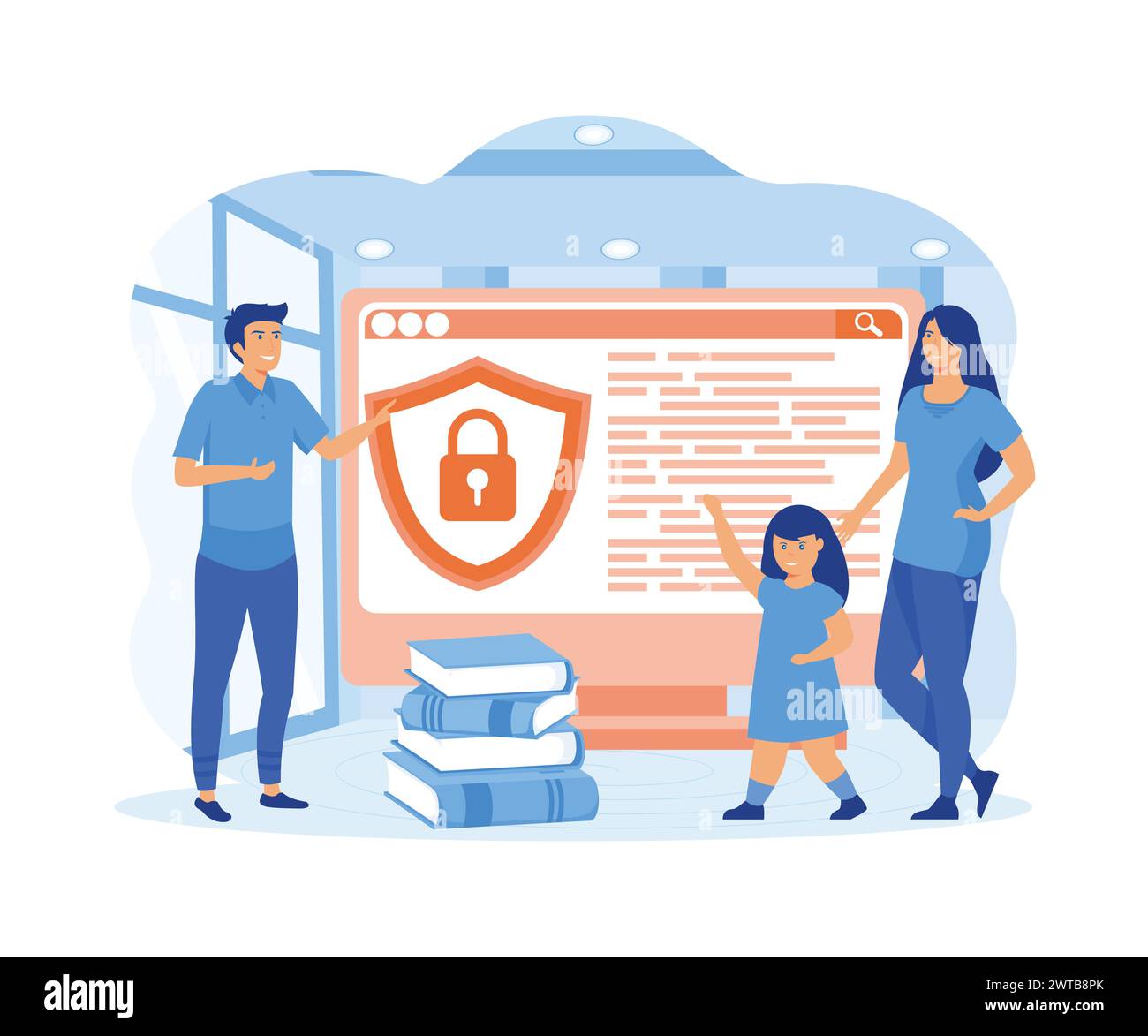 Logiciel de contrôle parental. Papa et maman bloquent le contenu interdit ou inapproprié sur les médias sociaux. illustration moderne vectorielle plate Illustration de Vecteur