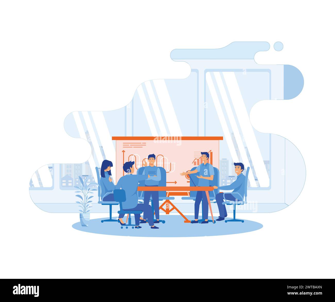 Concept de réunion d'affaires. Groupe de gens d'affaires ayant une réunion autour d'une table de conférence. illustration moderne vectorielle plate Illustration de Vecteur