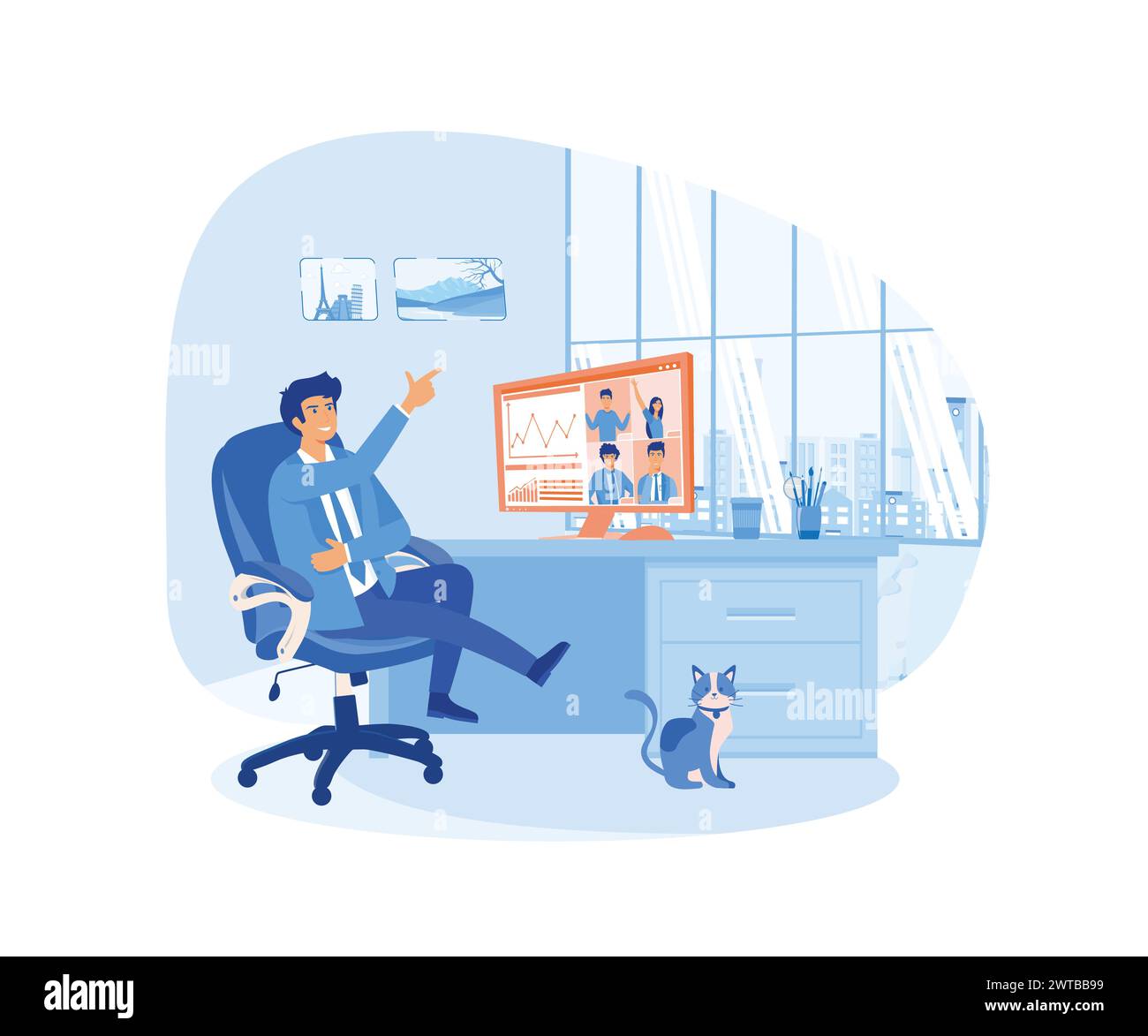 Travailleur utilisant un ordinateur pour une réunion virtuelle collective et une visioconférence de groupe. Homme au bureau discutant avec des amis en ligne. vecteur plat ille moderne Illustration de Vecteur