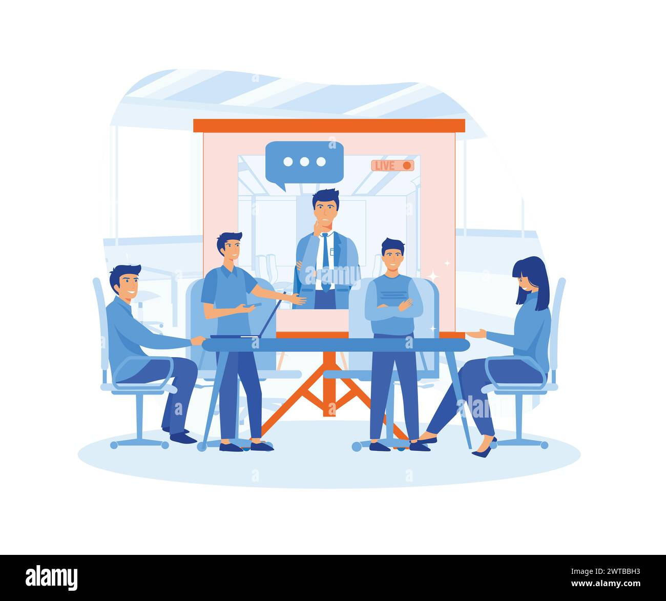 Équipe d'affaires lors de la visioconférence dans la salle de réunion. Rencontre en ligne avec le PDG, le directeur ou le directeur. Concept de conseil et de formation. vecteur plat mo Illustration de Vecteur