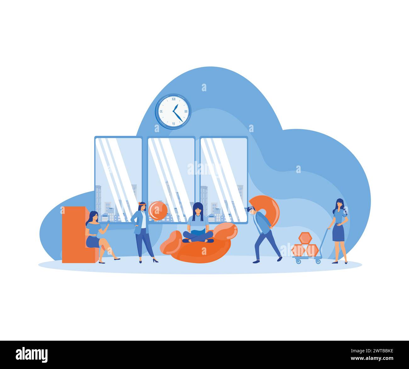 Les gens organisent des formes géométriques abstraites dispersées autour d'eux. Des jeunes hommes et des jeunes femmes collectent des chiffres et les organisent. Concept de travail d'équipe. plat v Illustration de Vecteur