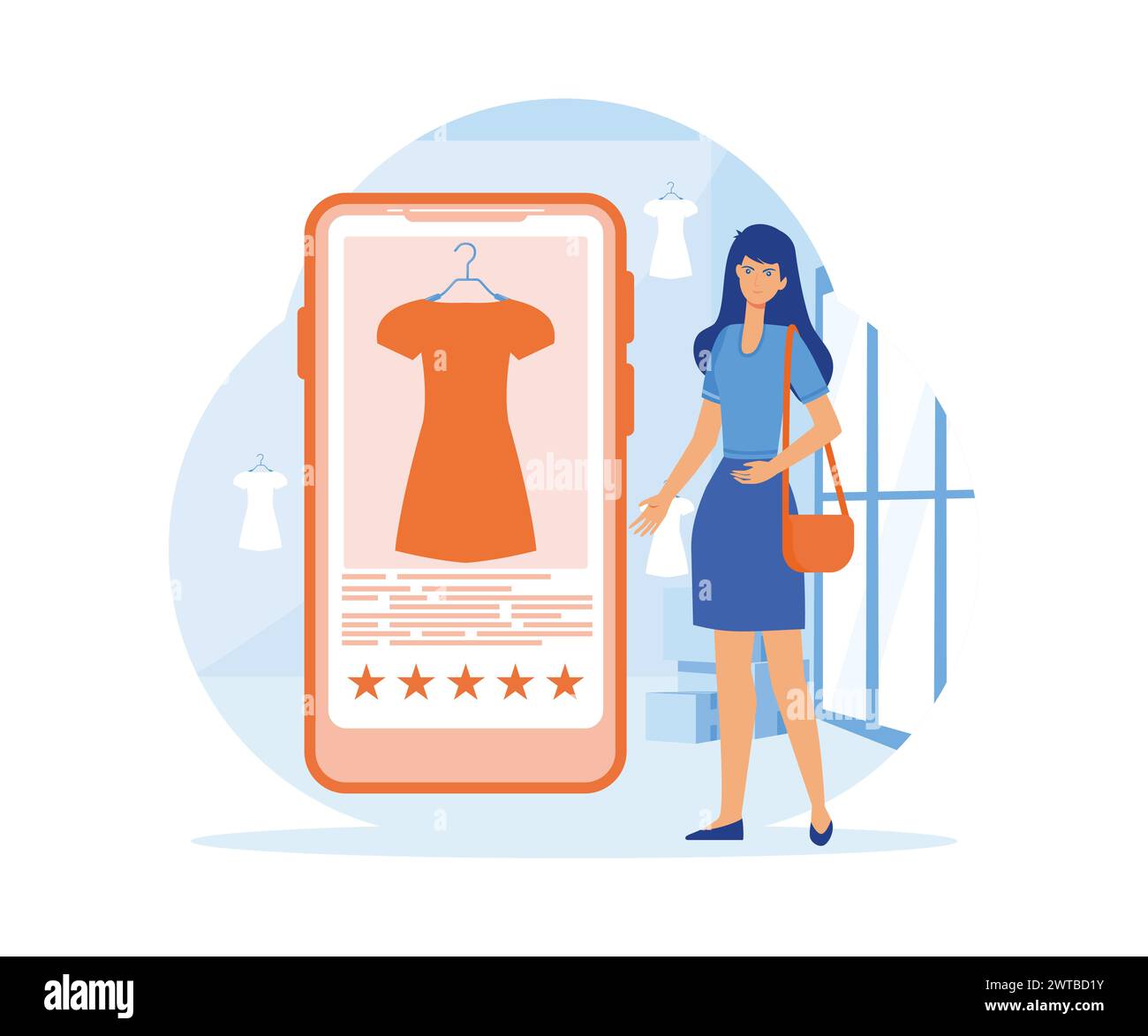 Shopping en ligne mobile, femme acheter des robes dans les boutiques en ligne, achats sur les réseaux sociaux par téléphone, achats en ligne et service de livraison. vecto plat Illustration de Vecteur