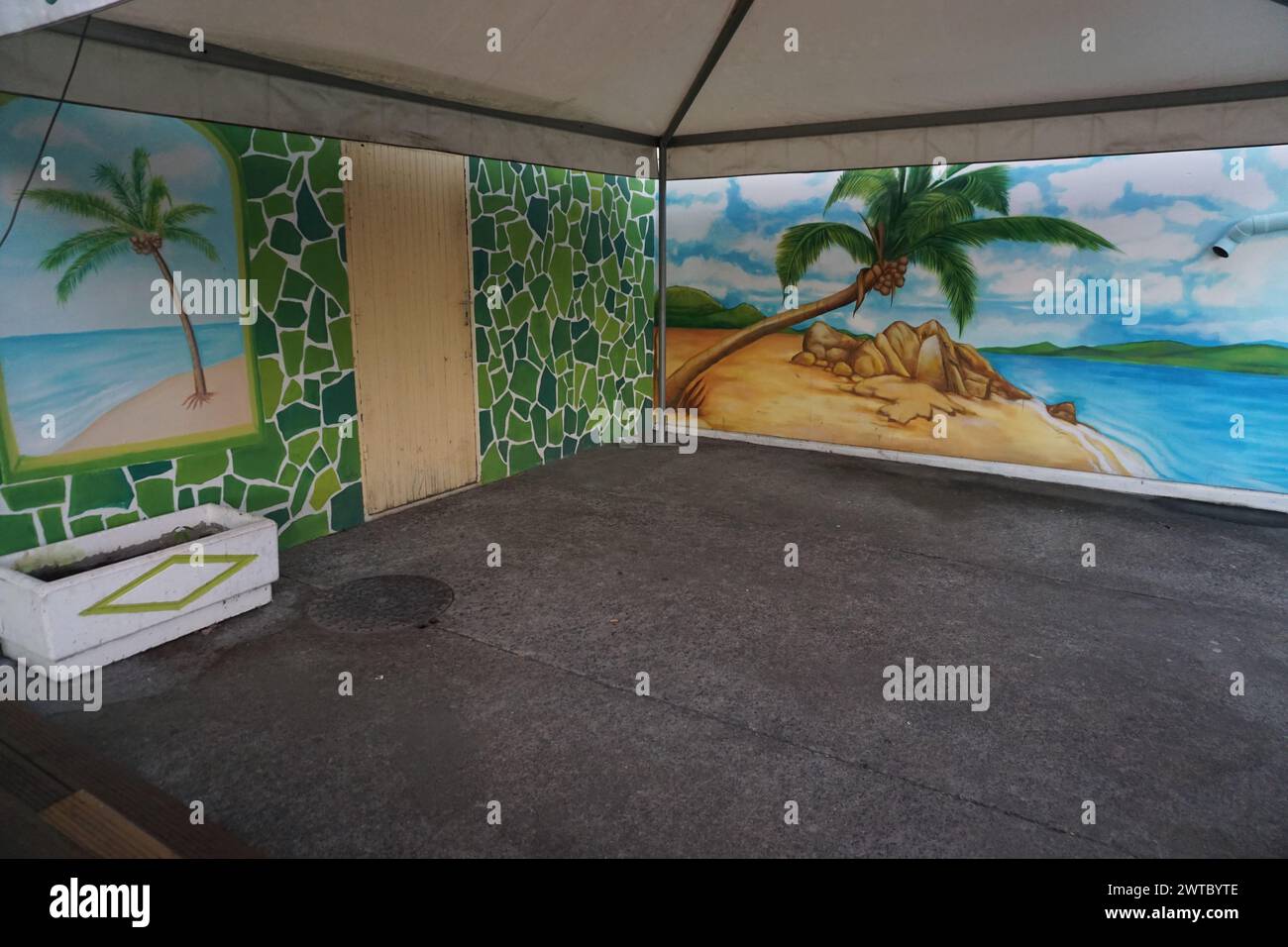 gros plan de mur coloré, amusant et différent peint sur l'île tropicale de la réunion, france Banque D'Images