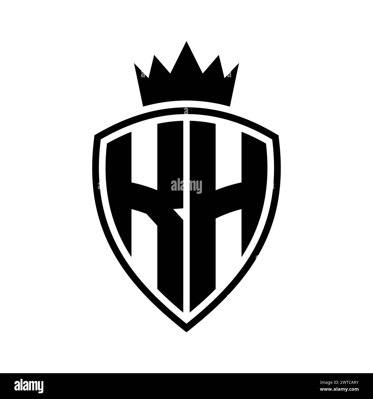Lettre KH monogramme gras avec bouclier et forme de contour de couronne avec modèle de conception de couleur noir et blanc Banque D'Images