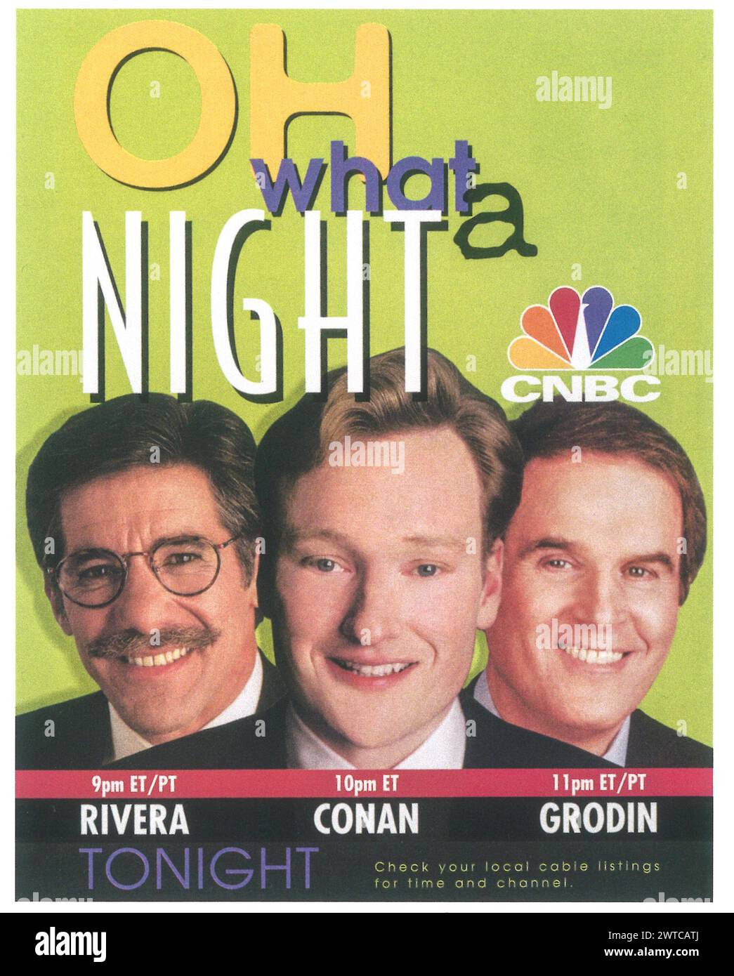 1996 CNBC Oh What a Night tv talk show affiche avec Rivera, Conan, Grodin Banque D'Images
