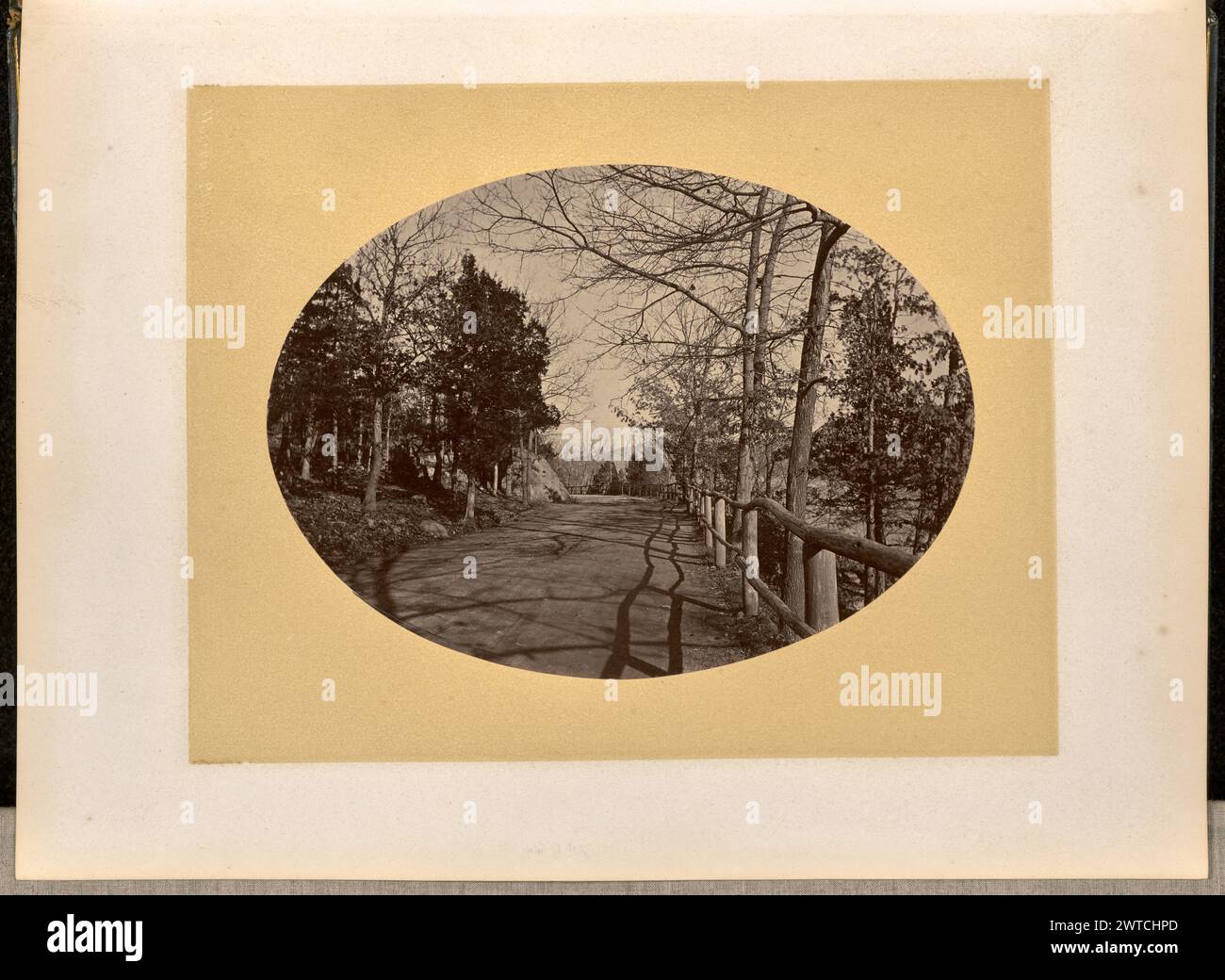 Road, West point. George Kendall Warren, photographe (américain, 1834 - 1884) 1868 vue d'une route non pavée qui s'étend au loin. La route est bordée d'un côté de balustrades en bois et d'arbres sans feuilles, comme visible sur la partie droite de l'image. Banque D'Images