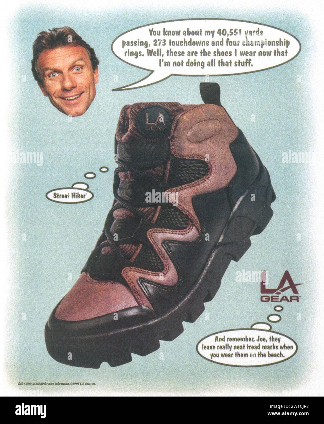 1995 LA Gear chaussures annonce - randonneur de rue - avec Joe Montana quarterback Banque D'Images