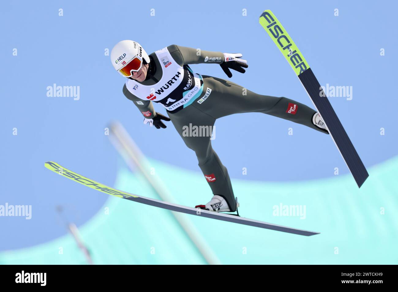 Vikersund 20240317.Fredrik Villumstad (NOR) dans la course de vol de ski de la coupe du monde FIS dimanche à Skiflygingsbakken à Vikersund HS 240 photo : Geir Olsen / NTB Banque D'Images