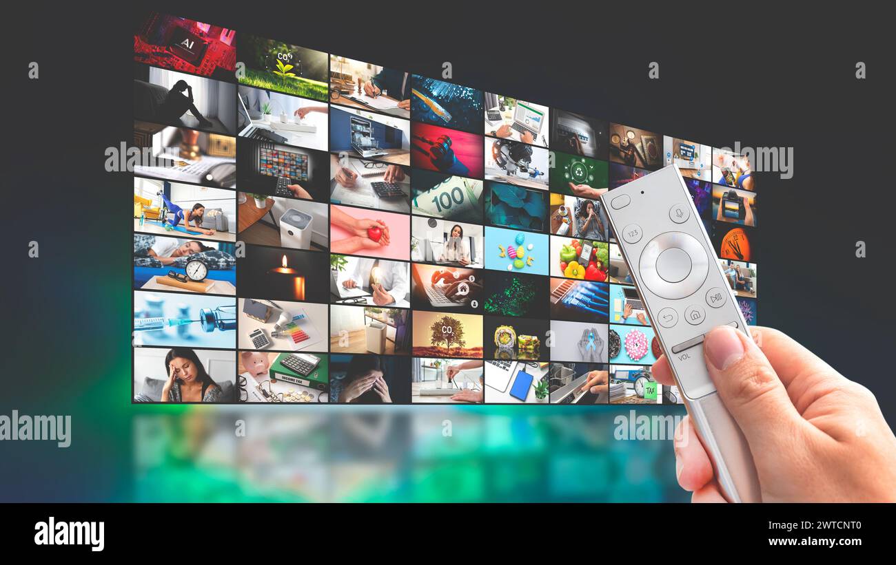 Concept de streaming multimédia TV avec télécommande et composition d'images Banque D'Images